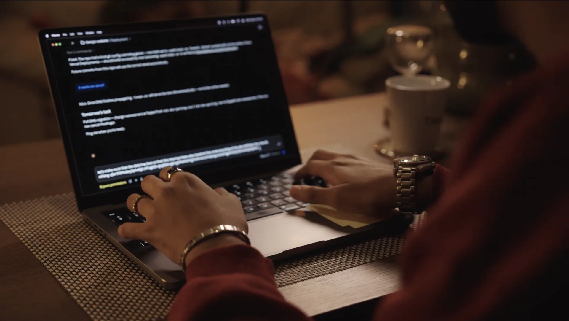 A person working at a laptop in warm evening light, hands on the keyboard