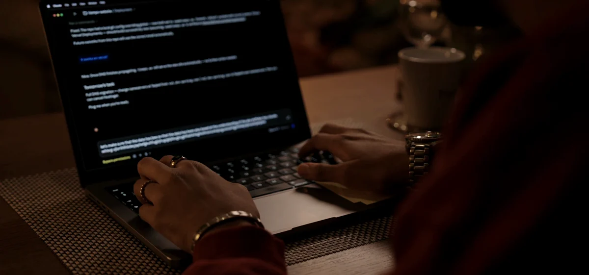 A Tiempo team member typing on a laptop by warm lamplight